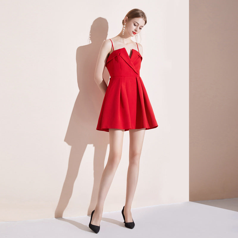 Summer New Red Temperament Women's V-neck Sling Skirt