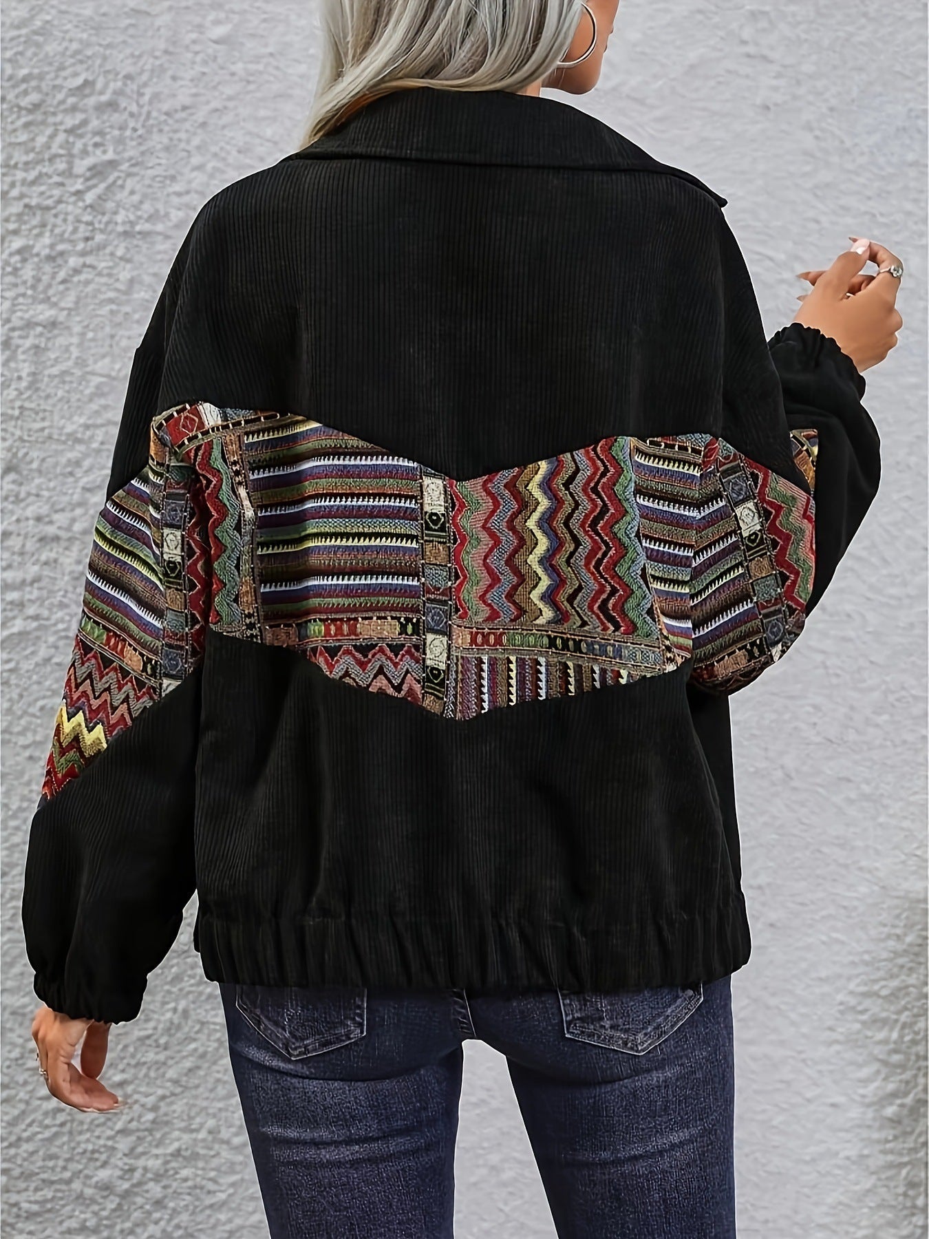 National Style Color Stitching Turnover Neck Cardigan Casual Top