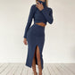 High-neck Long-sleeve T-shirt High-waist Wrap Slit Skirt Casual Set