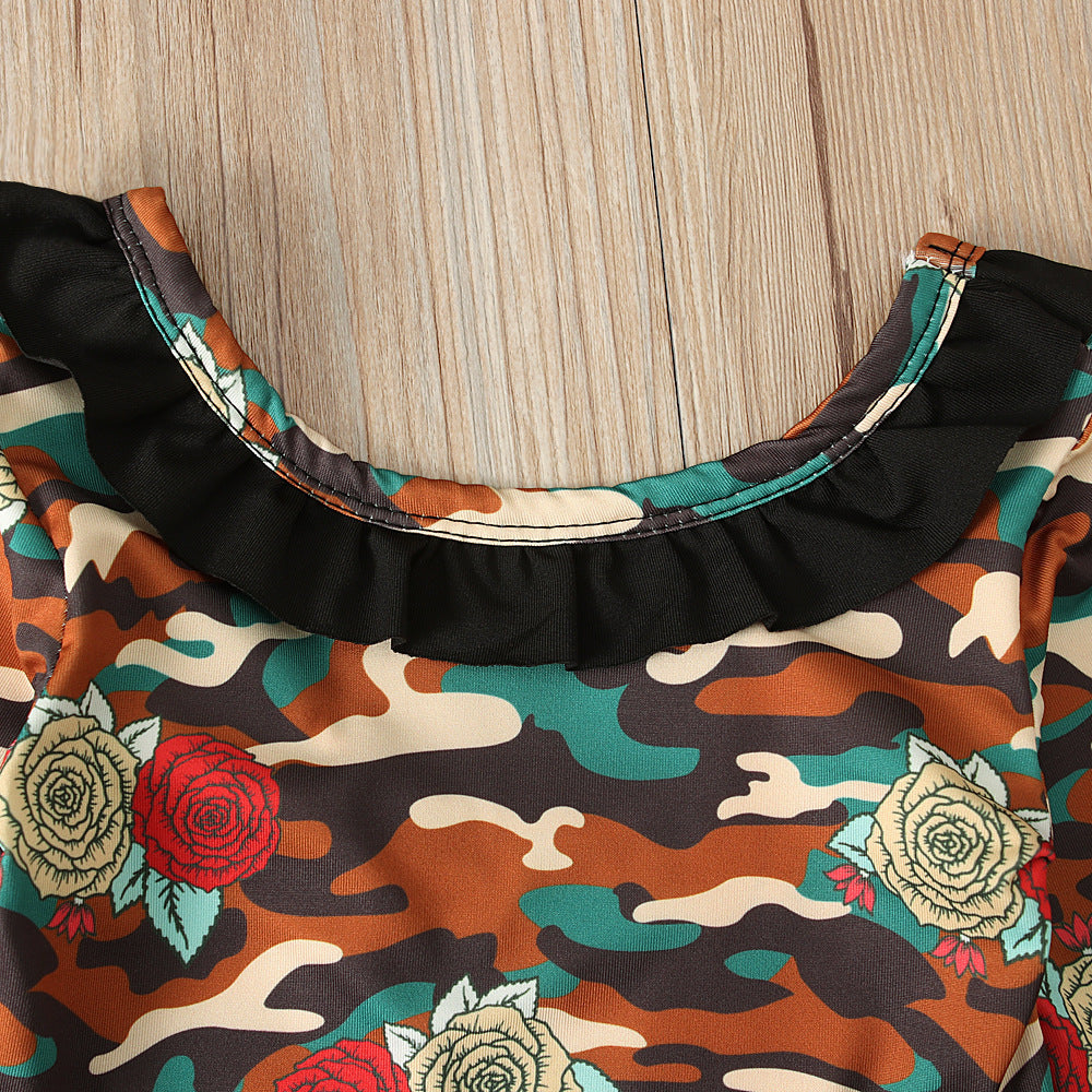 Ensemble barboteuse camouflage à manches longues et pantalon évasé noir pour fille
