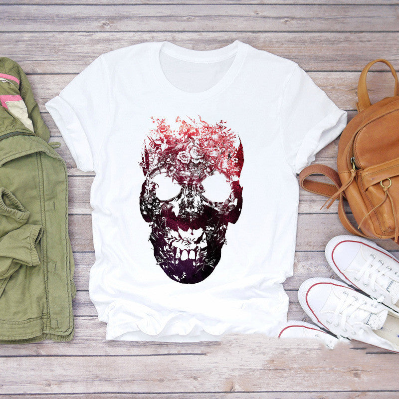 T-shirt personnalisé pour femme avec imprimé tête de mort, papillon et plante