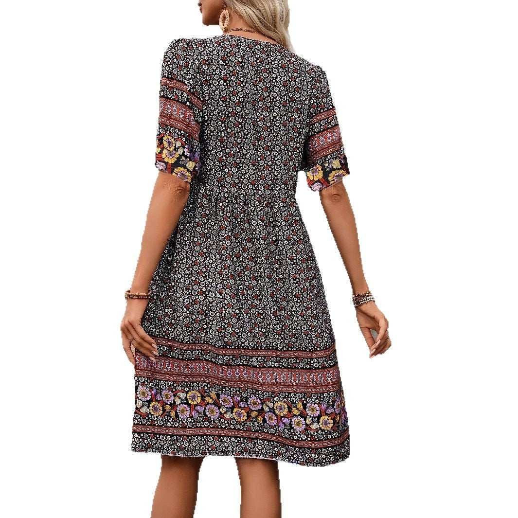 Women V-neck Short Sleeve Bohemian Print Dress