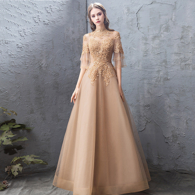 Robe de soirée de banquet pour femme, col montant doré, robe de fête annuelle, jupe