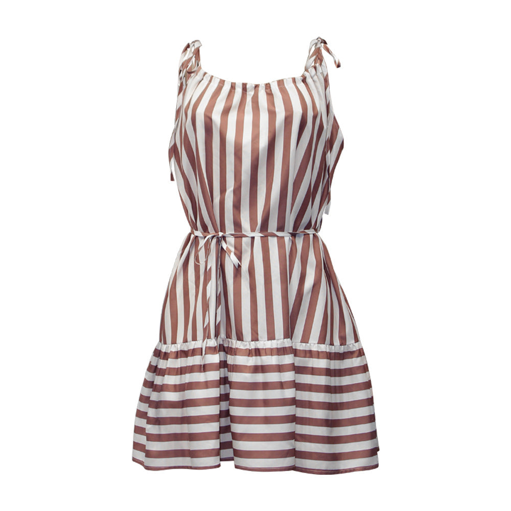 European And American Striped Print Suspender Stitching Casual Dress