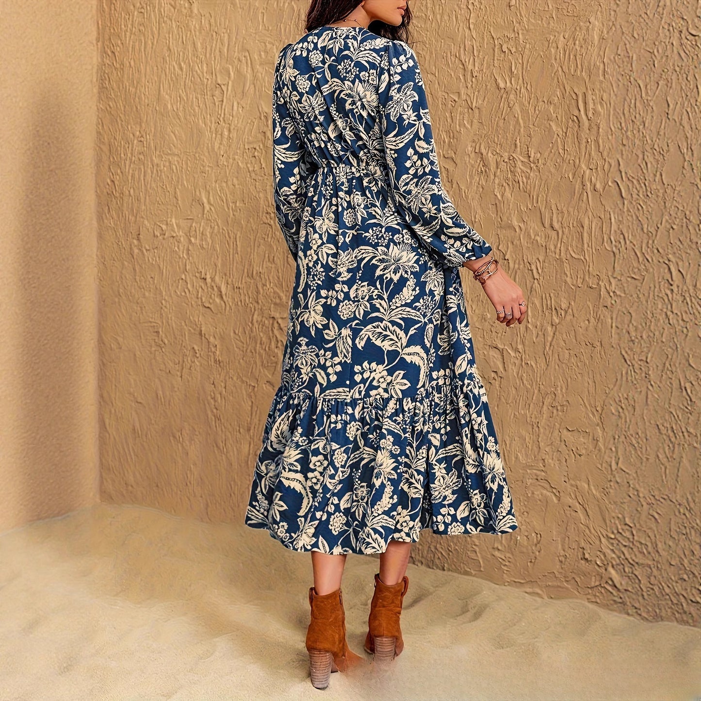 Women's Floral Print Bohemian V-neck Lace Dress