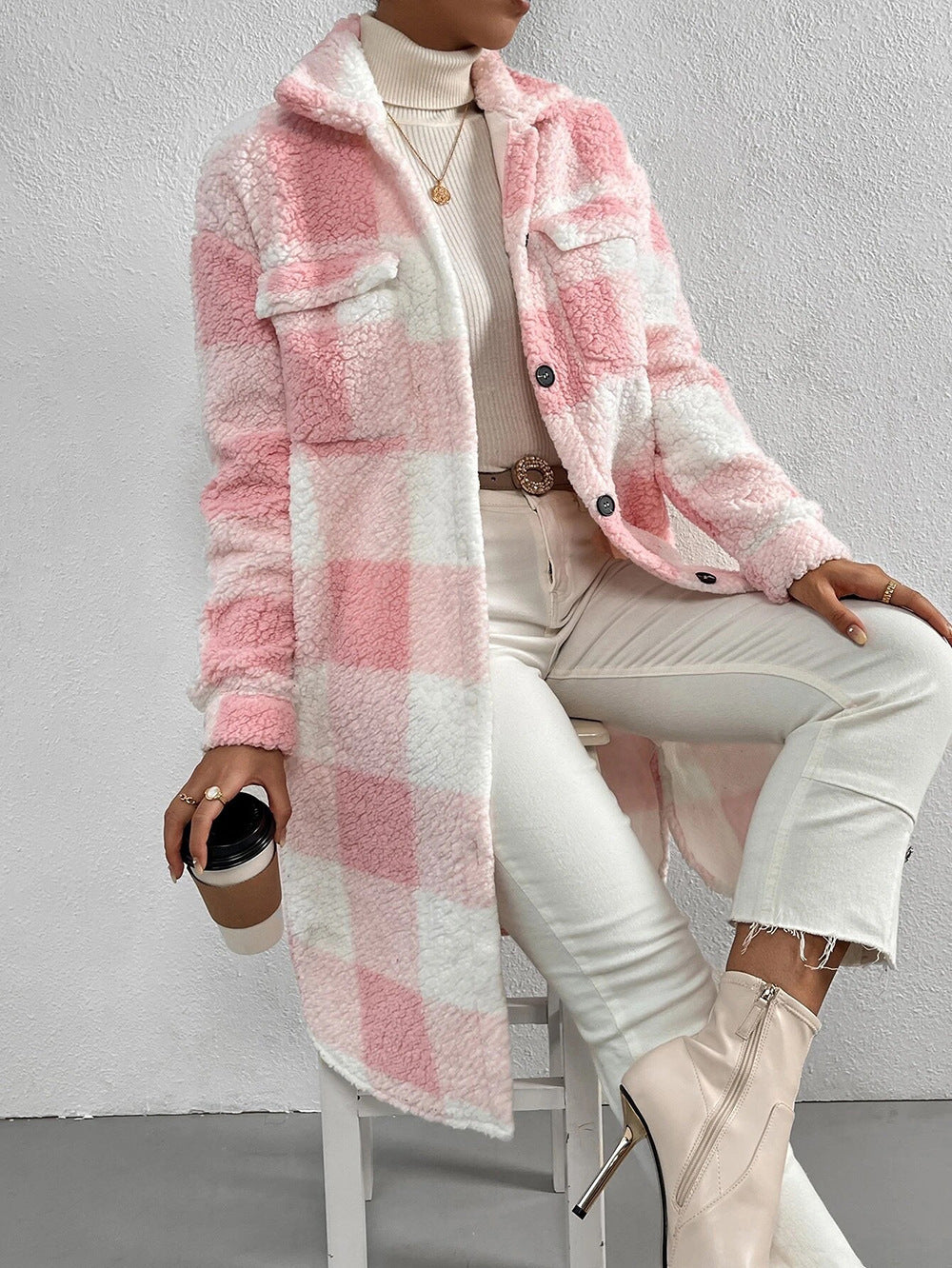 Women's Fashion Polo Collar Plush Plaid Coat