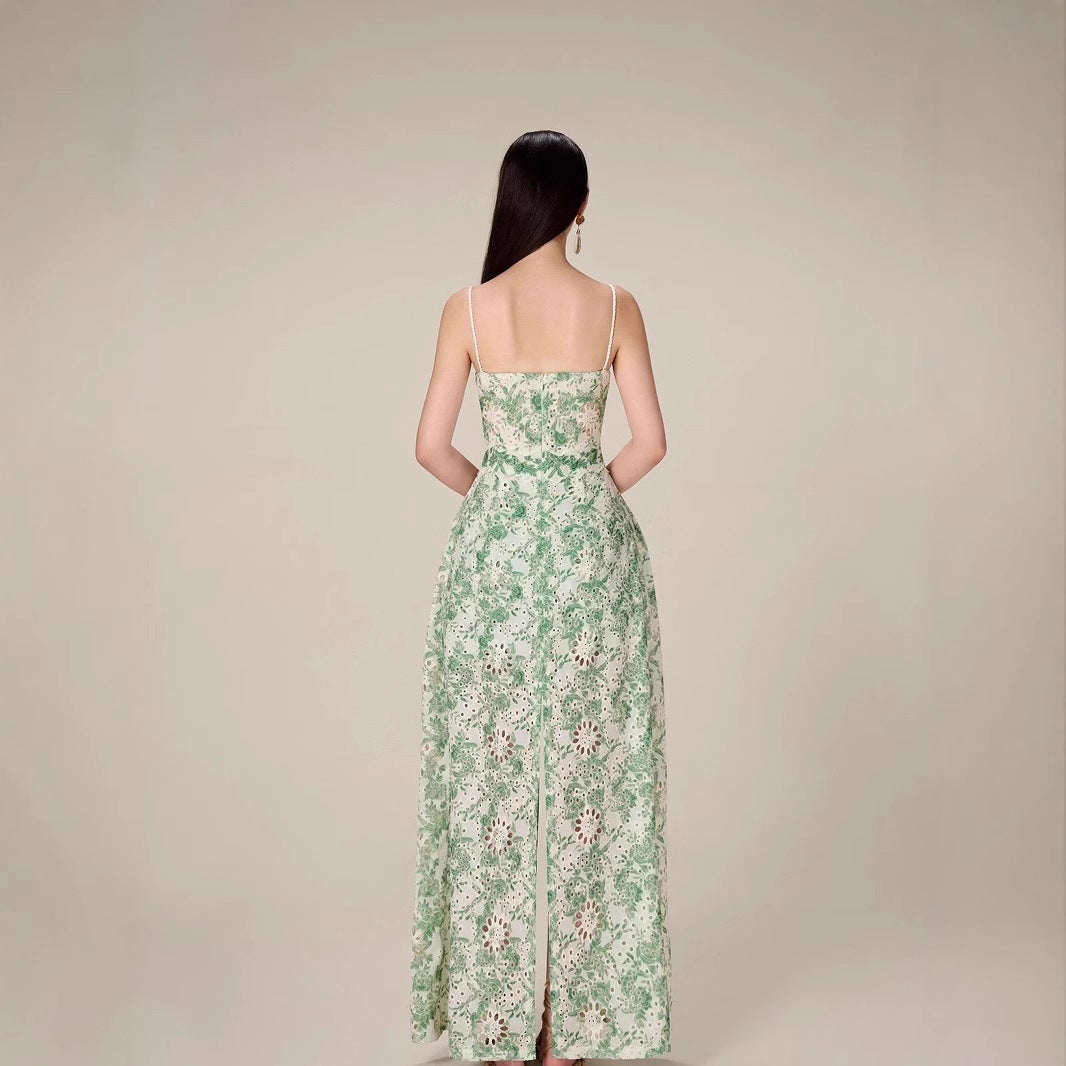 Retro Hollow Lace Green High Slit Dress