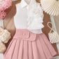 Girl's White Sleeveless Shirt With Rose Red Pleated Skirt Set