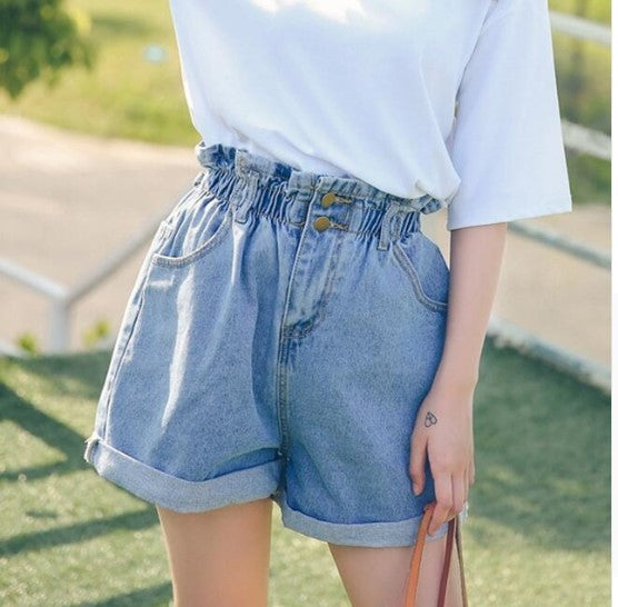 Calyx elastic waist denim shorts female summer high waist was thin student wide leg pants