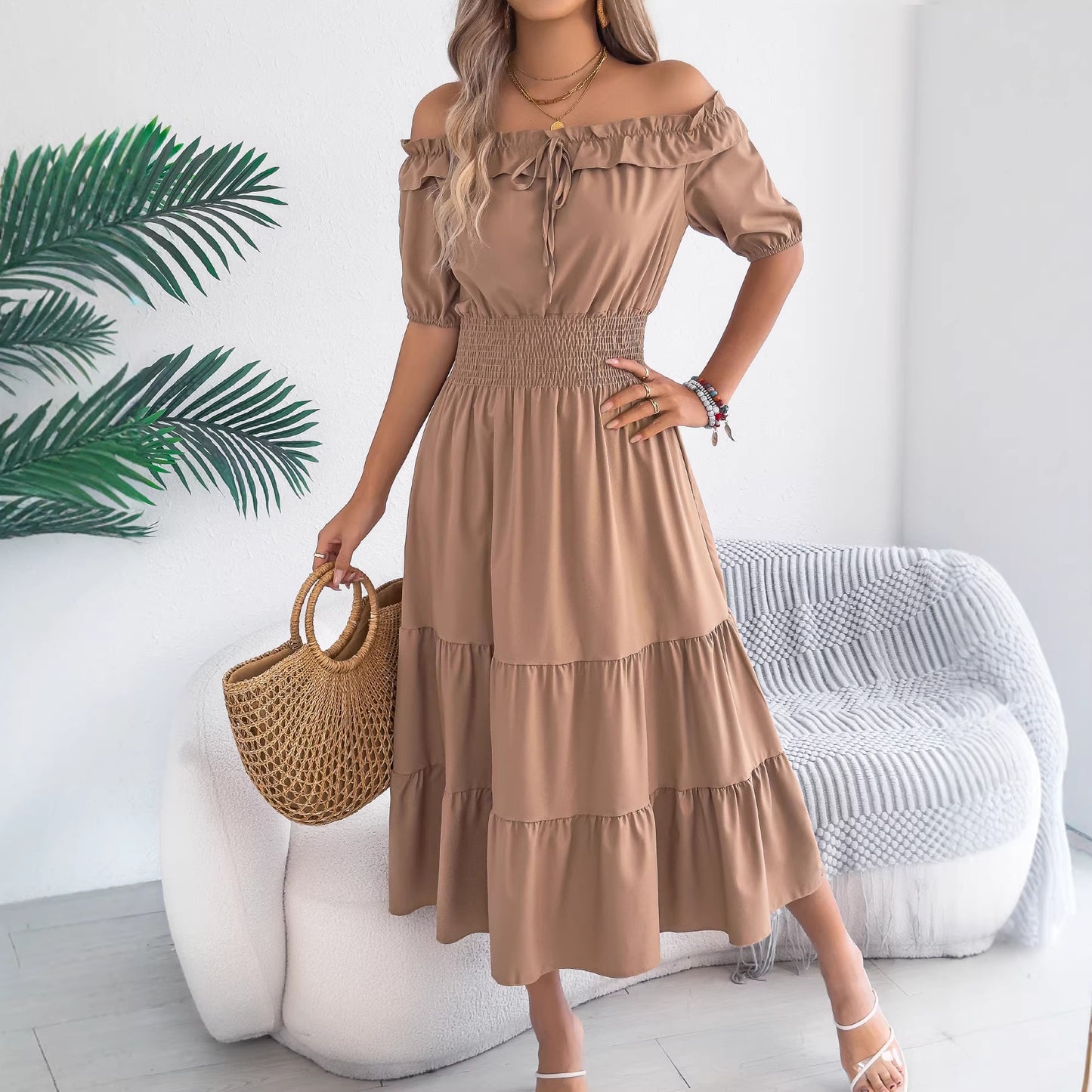 Casual Off-shoulder Ruffled Short-sleeve Belted Waistline Maxi Dress