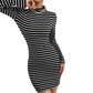 Backless High-neck Long-sleeve Striped Cotton Knit Dress