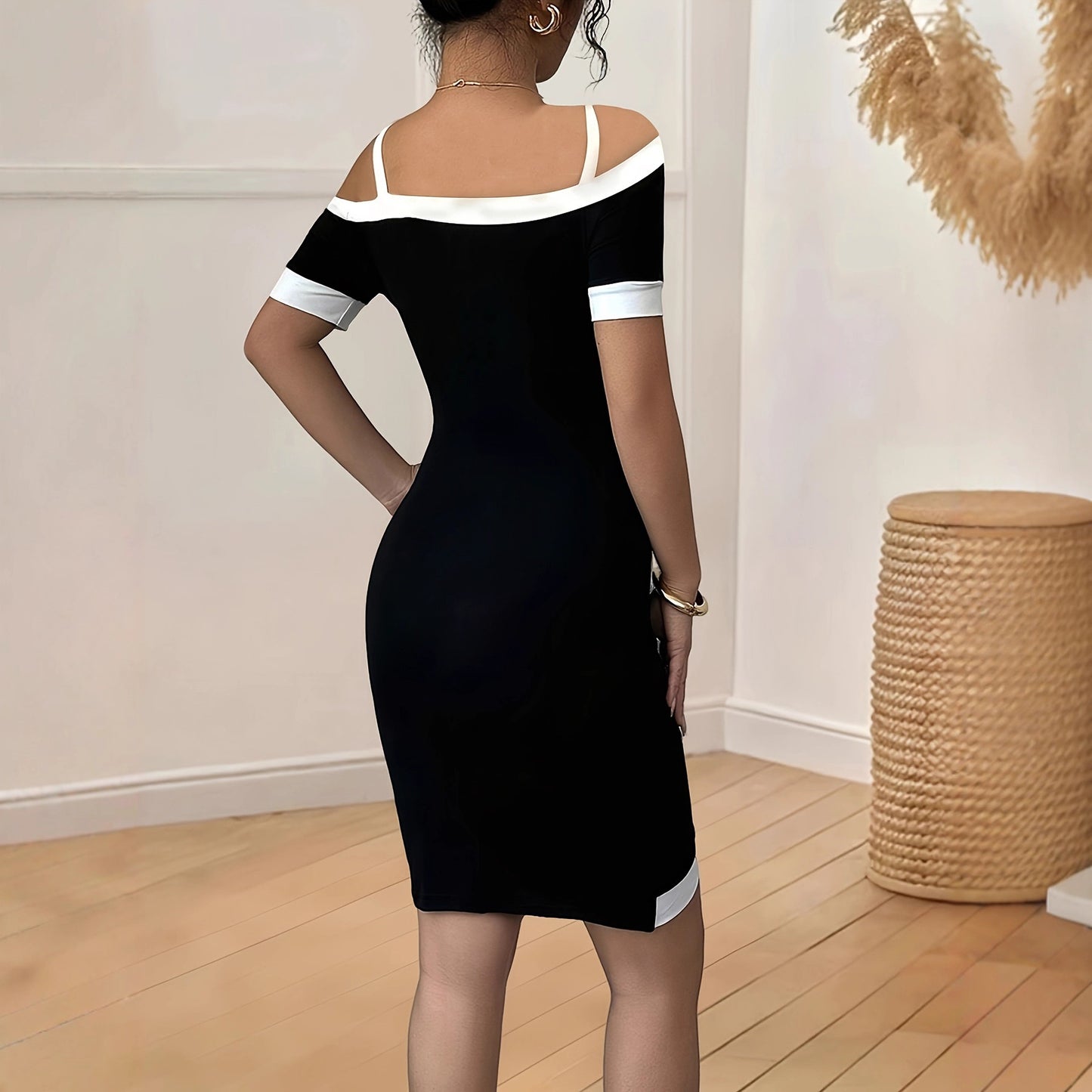 Womens Fashion V-Neck Golden Buckle Slanted Stripe Dress