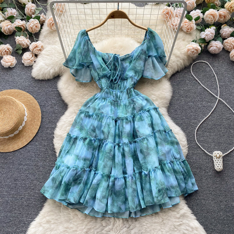 New Summer Light-Luxury Court-Style Oil-Paint French-Print Waist-Cinching Dress