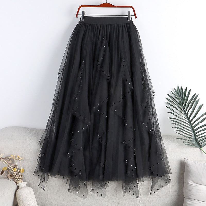 Jupe trapèze longue à ourlet large et maille irrégulière, nouvelle collection printemps et été, avec perles et strass