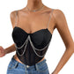 Mesh Sheer Deep V-Neck Asymmetrical Underwire Fishbone Backless Chain-Strap Top