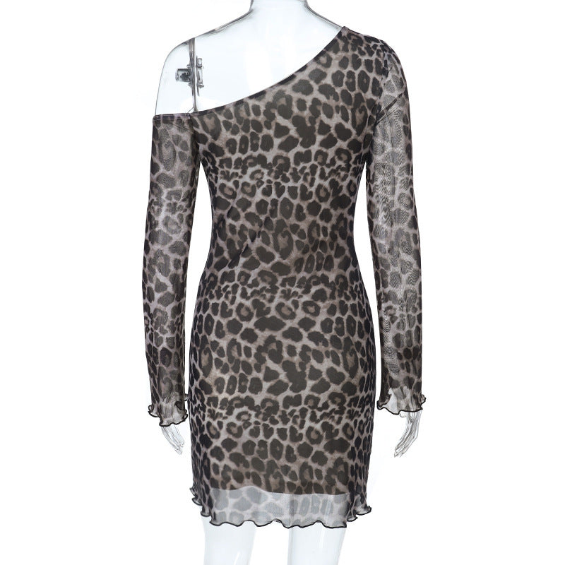 Off-Shoulder Sexy Backless Leopard-Print Long-Sleeve Dress