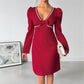 Sweet Retro Bow Pearl Decoration Deep V-neck Red Dress