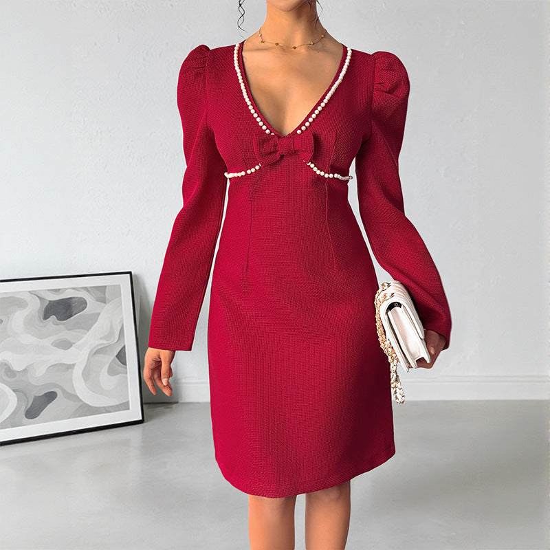 Sweet Retro Bow Pearl Decoration Deep V-neck Red Dress