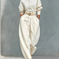 Womens Simple-style Loose Top And Harem Wide-leg Pants Two-piece Set With Belt