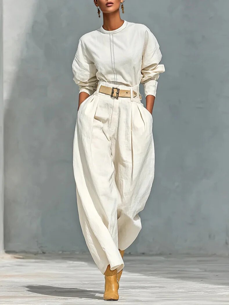 Womens Simple-style Loose Top And Harem Wide-leg Pants Two-piece Set With Belt
