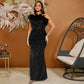 Robe de soirée sexy noire à paillettes et plumes pour femme