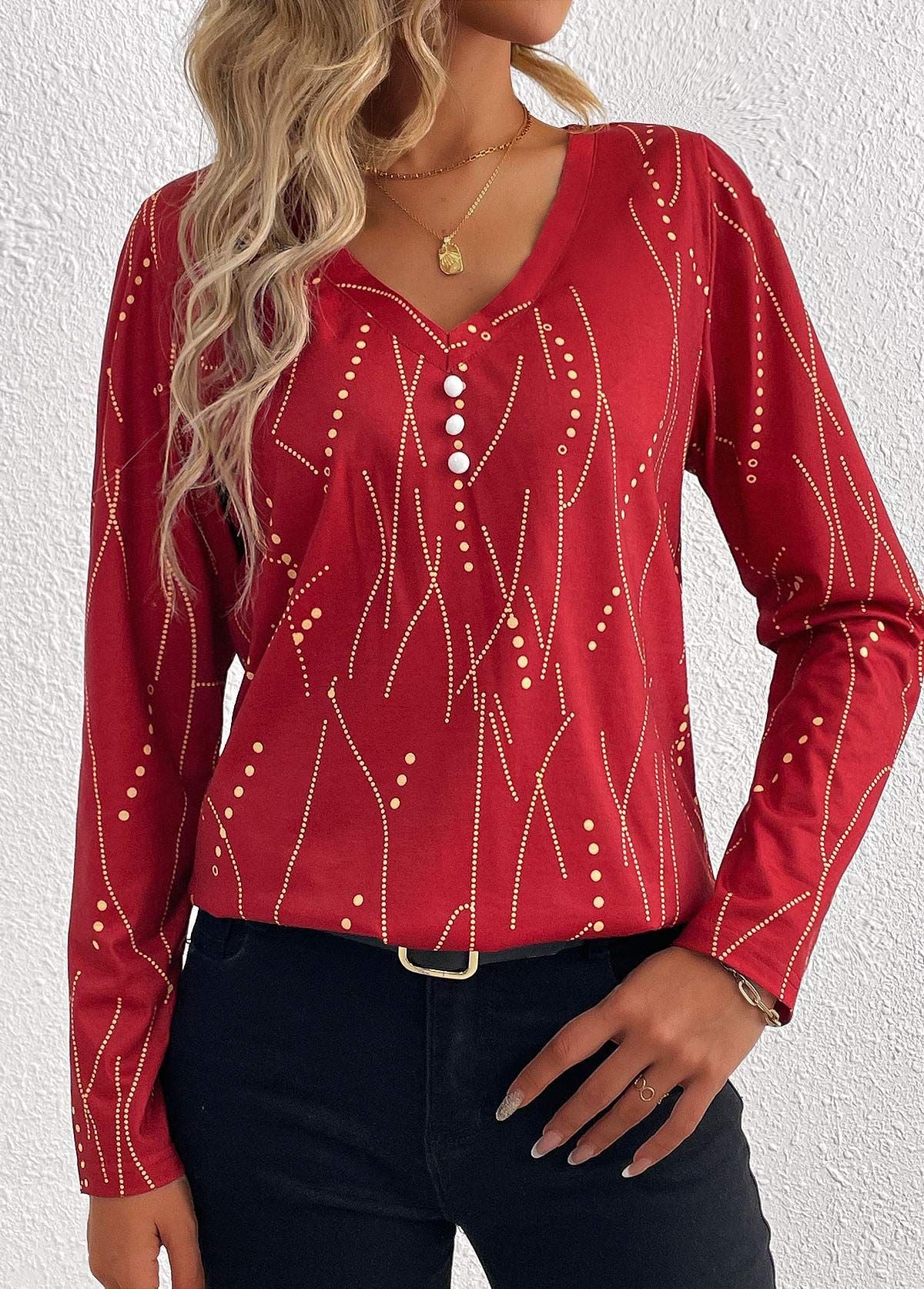 Casual Button Geometric Printed Long-sleeved T-shirt