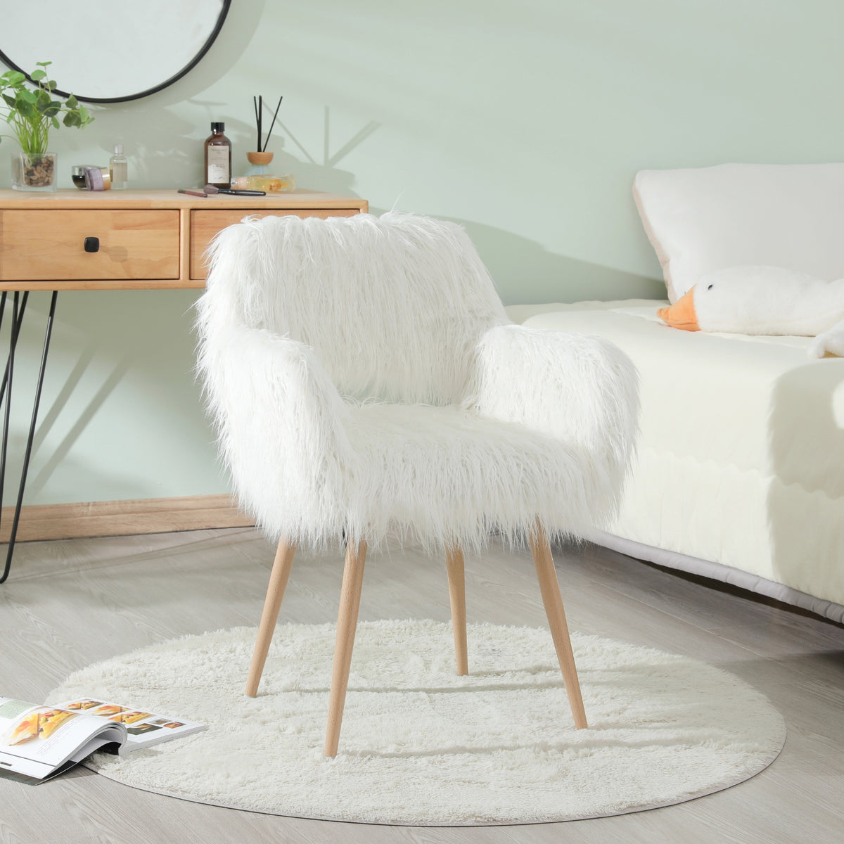 WHITE Faux Fur Upholstered Make Up Chair Side Dining Chair With Metal Leg WHITE Beech Metal Leg