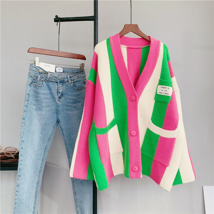 Striped Colorblock Knitted Cardigan Women's New Loose Sweater Coat