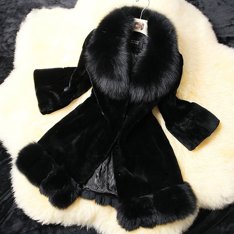 Imitation Fur Rabbit Hair Splicing Big Hair Collar Slim Overcoat
