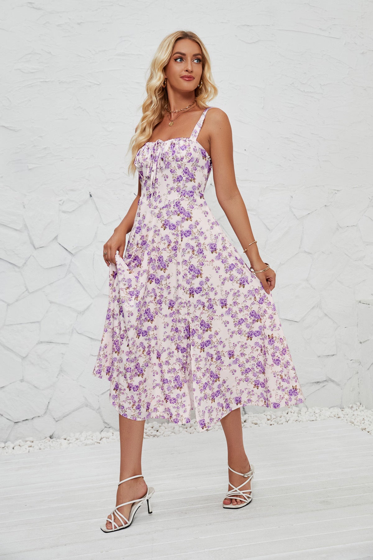 French-style Slip Dress With Side Slit And Print For Women