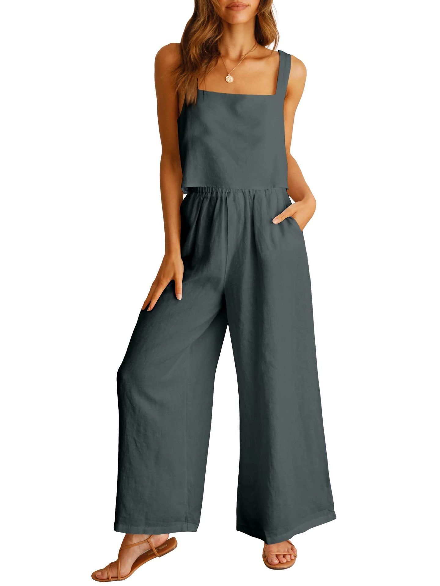Ensemble décontracté sans manches, caraco, pantalon large