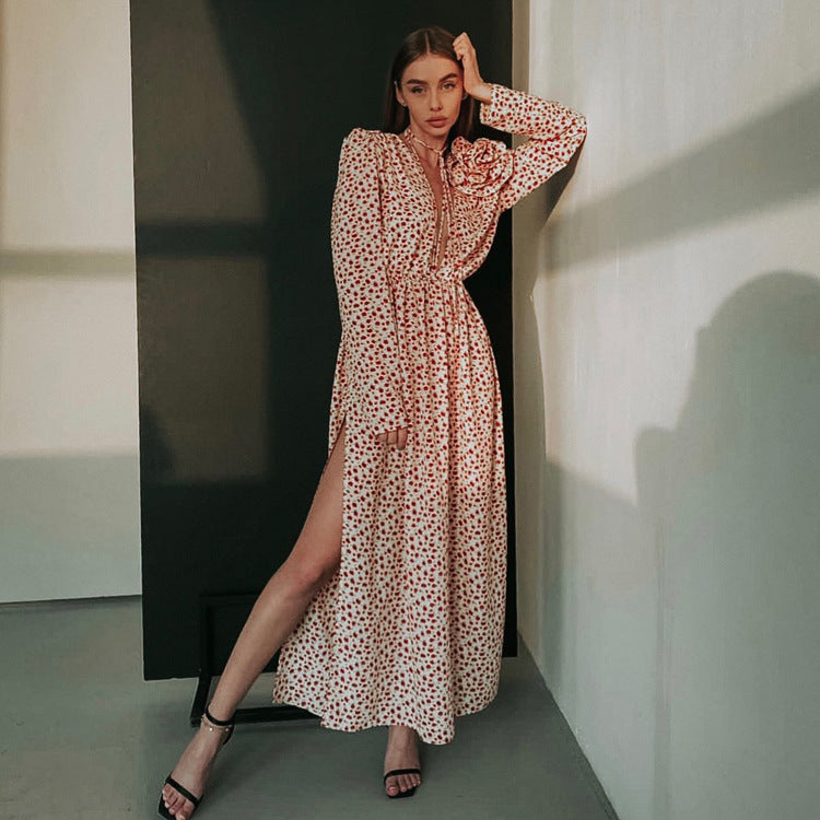 Deep V-neck Lace-up Waist Side Slit Floral Dress