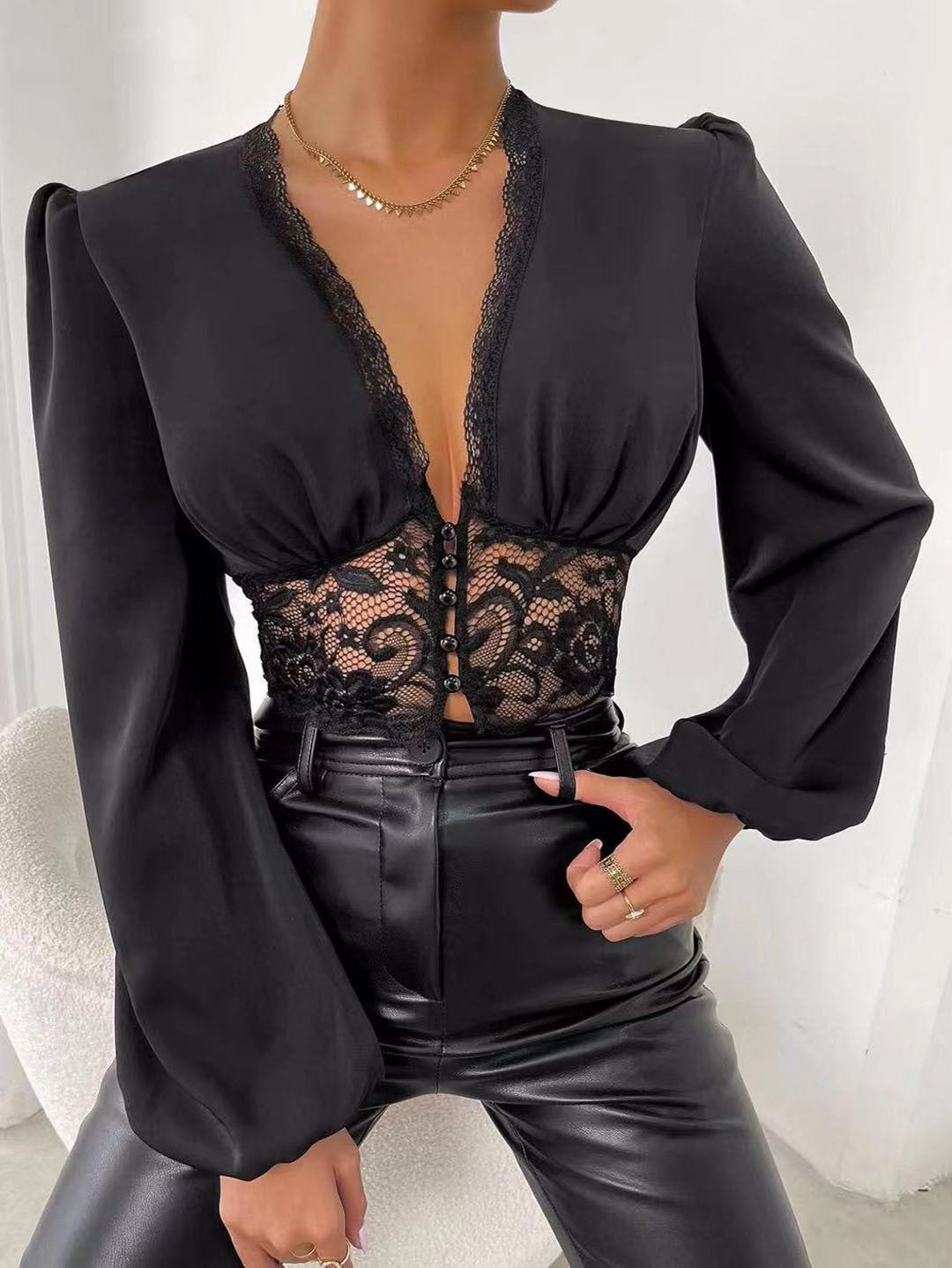 Long Sleeve Deep V-neck Lace Patchwork Top