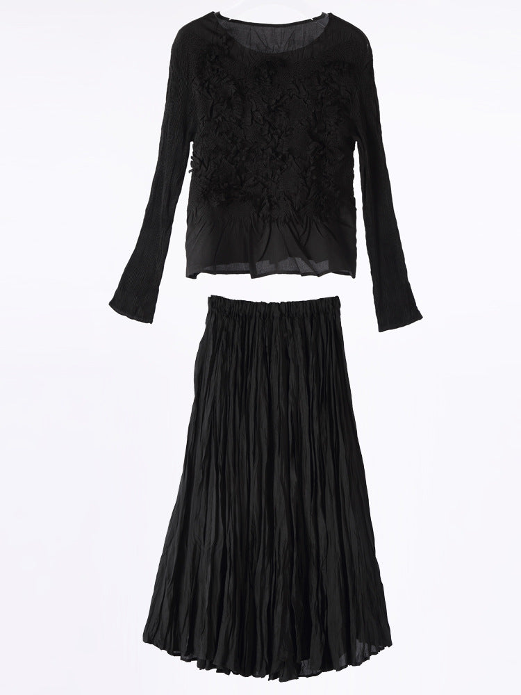 Solid Color Embroidered Long-sleeved Top Handmade Pleated Two-piece Overskirt Suit
