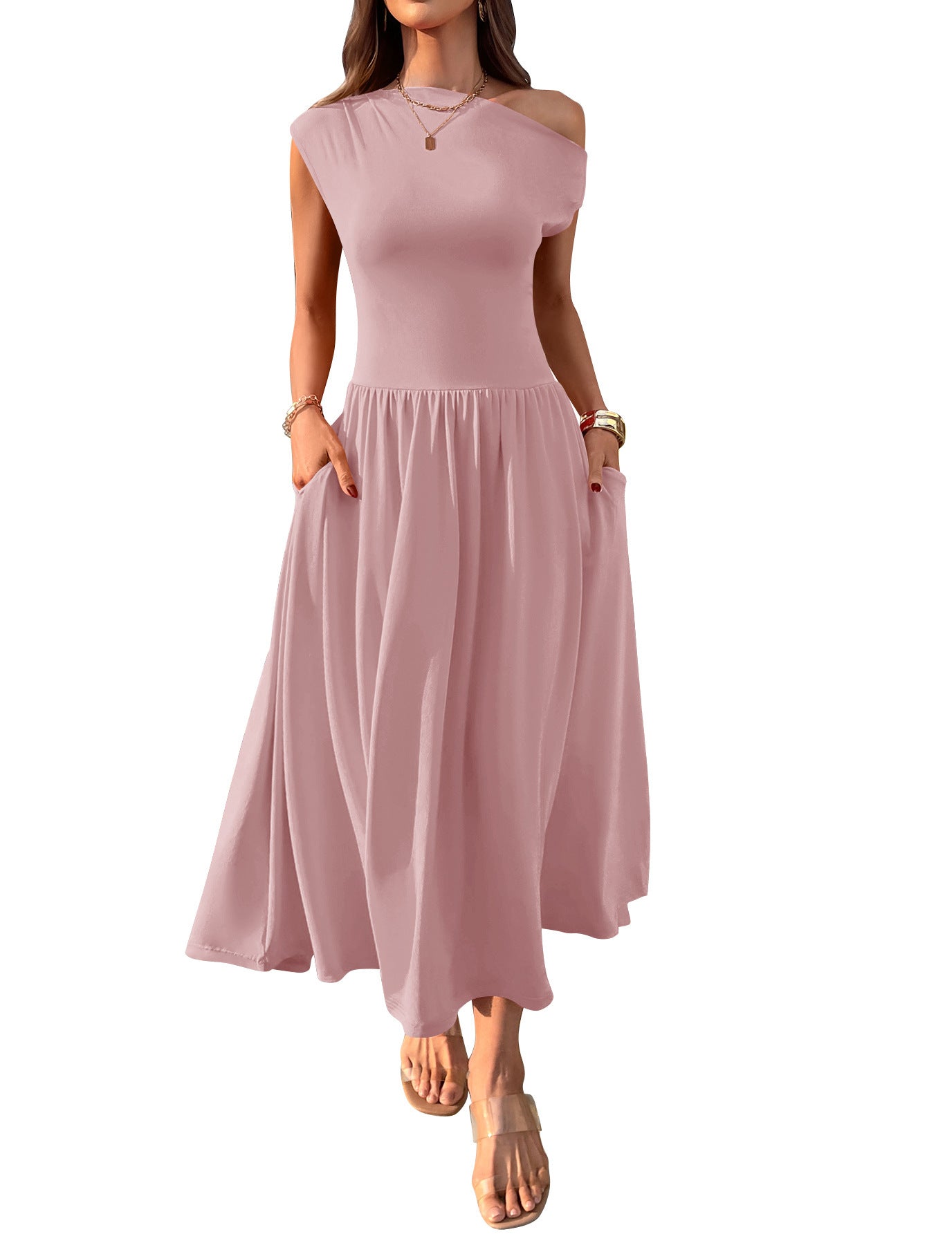 Slant Shoulder Waist Trimming Long With Pocket Dress