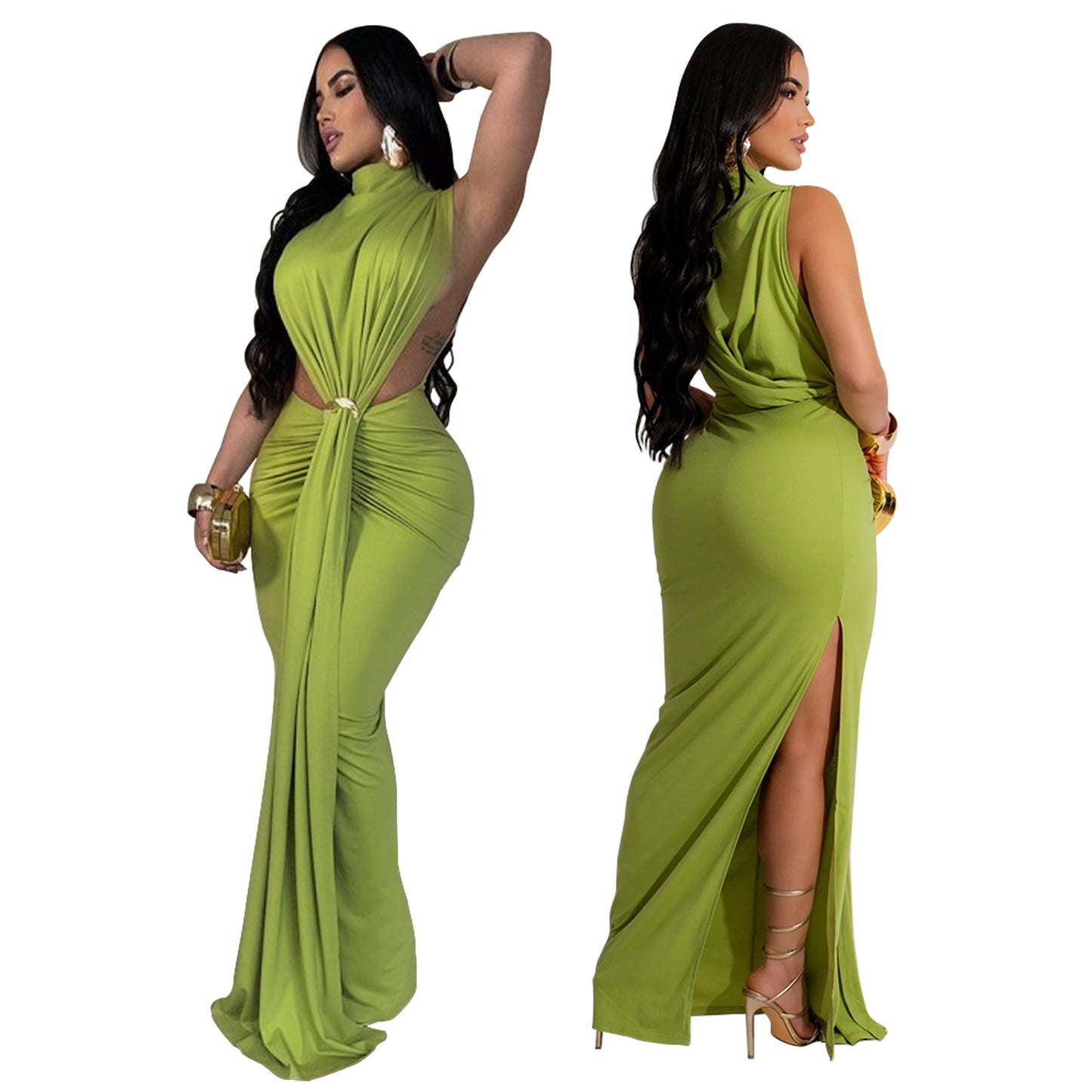 Robe-jupe sexy sans manches fendue sur le côté, couleur unie, tendance