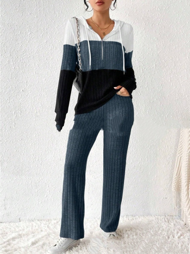 Contrast Color Hooded Zipper Long Sleeve Trousers Suit Knitted