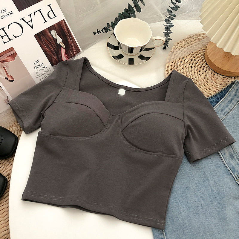 Square Neck Clavicle Short Sleeve T-Shirt Ladies