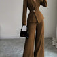 Solid-color Long-sleeve Straight-leg Pants Set For Women