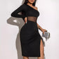 Drawstring See-through Tight Shoulder Long Sleeve Lace Mesh Body Shaping Dress