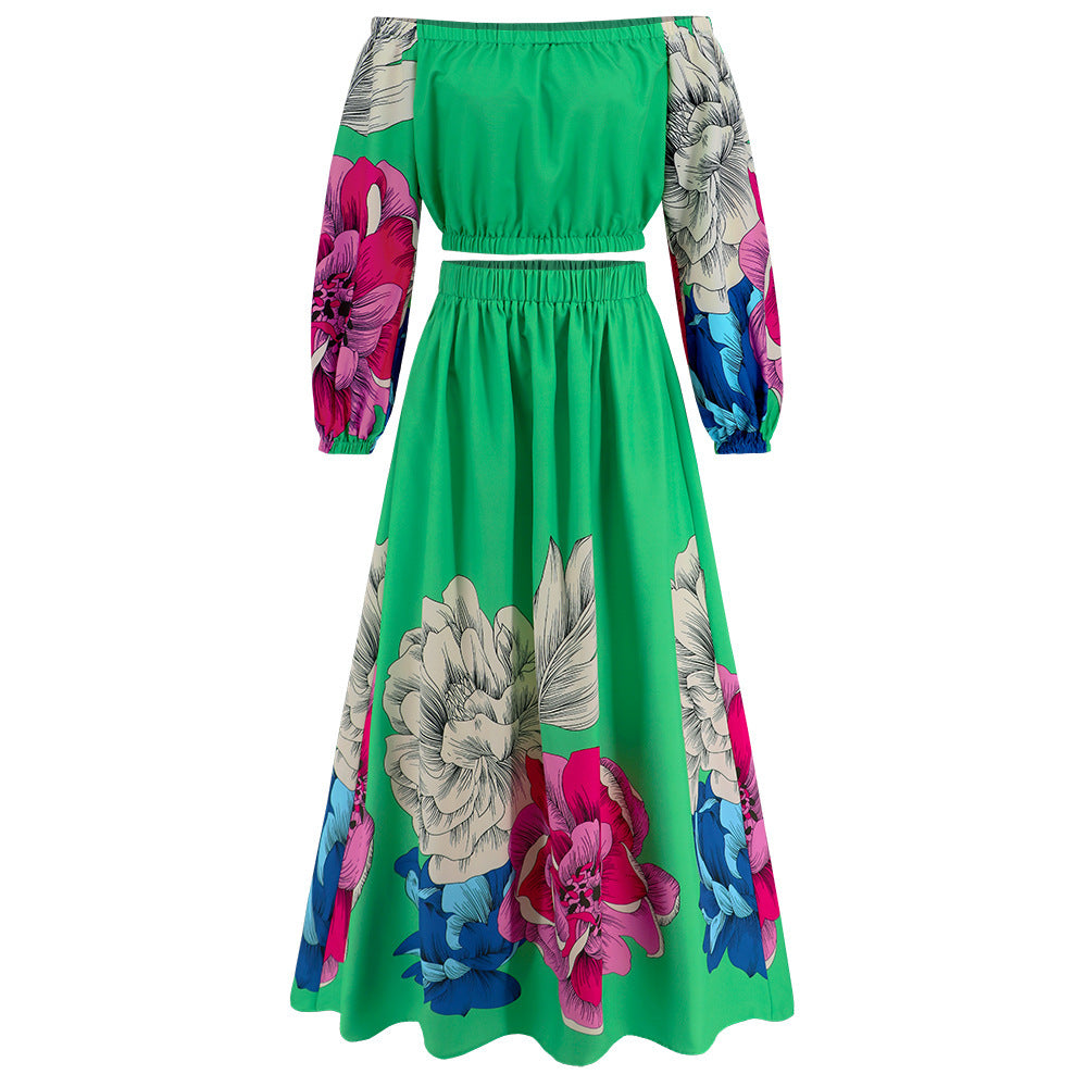 Women's Fashionable Retro Long-sleeved Top Wide Hem Printed Long Skirt Suit