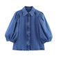 Women's Puff Sleeves Denim Shirt Jeans Suit