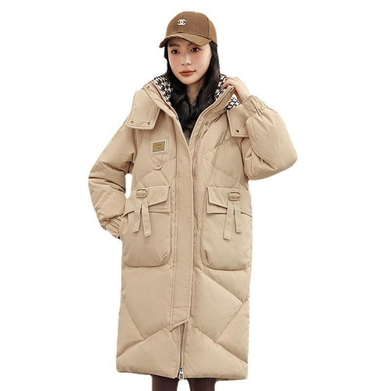 Manteau en coton avec chapeau amovible et doudoune rembourrée au-dessus du genou