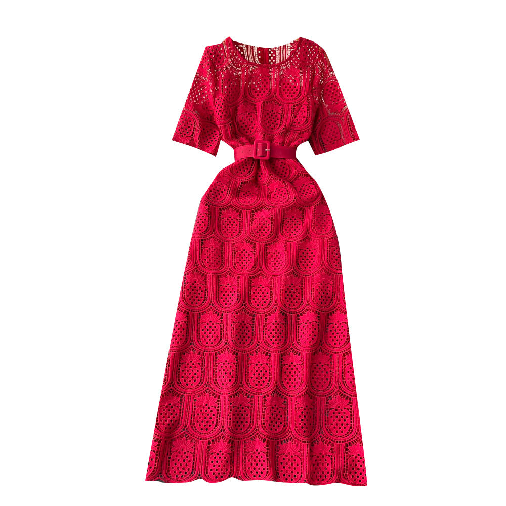 Round Neck Long Sleeve Lace Short Sleeve Crocheted Waist-slimming Long Dress