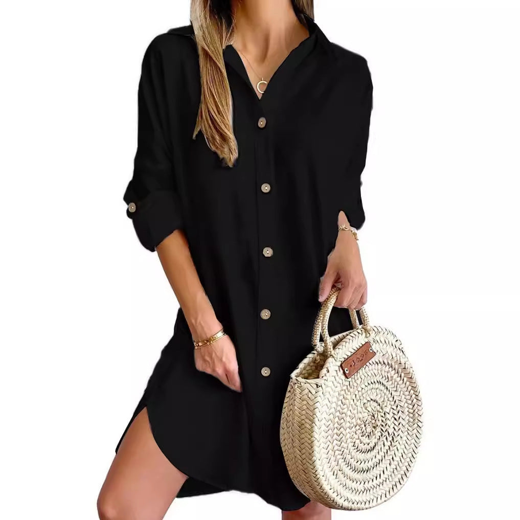 Robe chemise boutonnée à manches longues et revers pour femme, vêtement d'automne décontracté