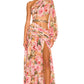 Robe moulante à manches longues et épaules dénudées, coupe ajustée, motif floral, fendue et ajourée