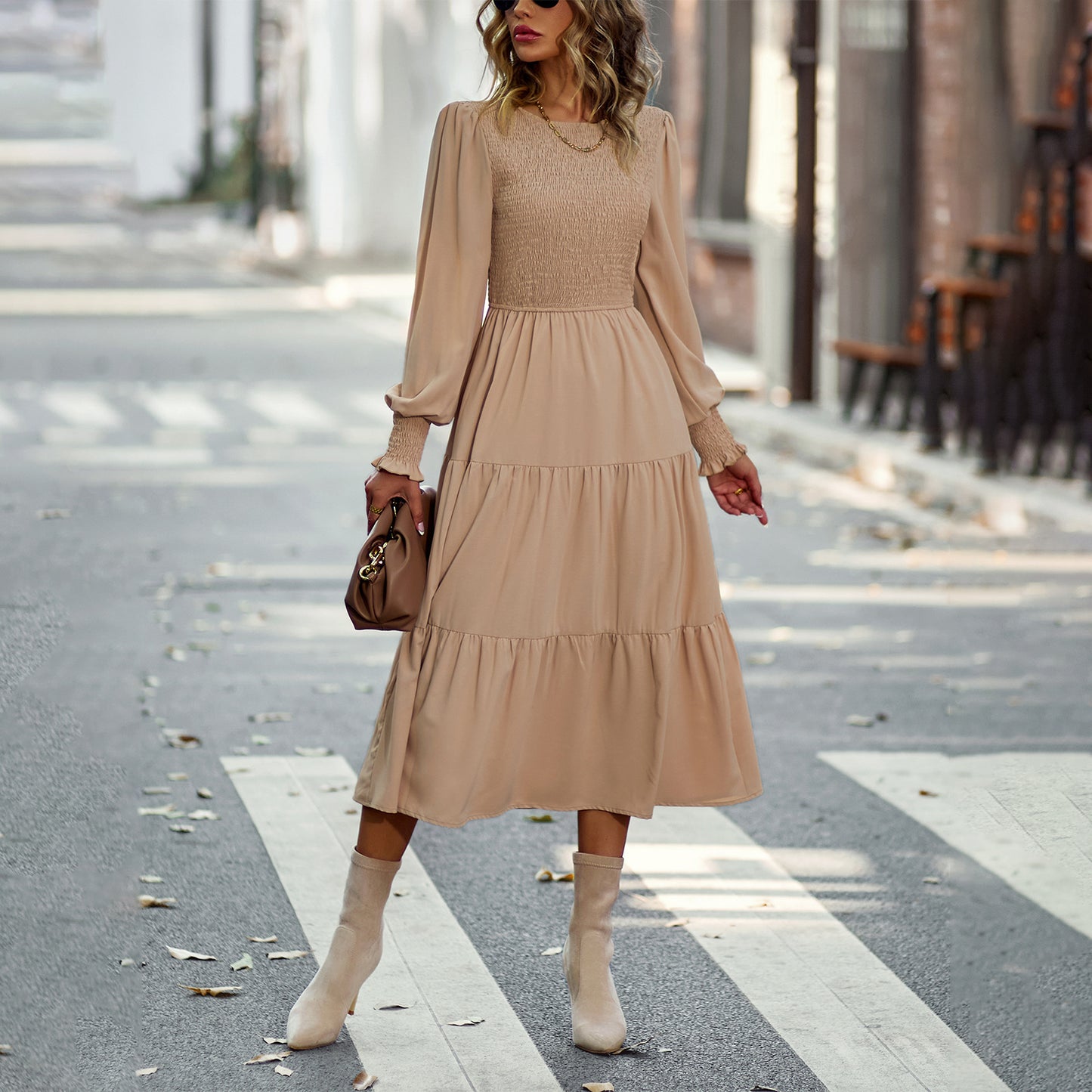 Robe mi-longue cintrée pour les vacances et les loisirs, vêtements pour femmes printemps et automne