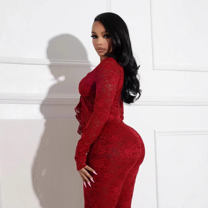 Women's Lacing Hollow Cardigan Long Sleeve Pants Two-piece Suit