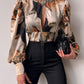 Women's Stand Collar Long Sleeve Lantern Sleeve Cutout Top