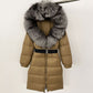 Women's Long Cinched Hoodie Real Fox Fur Collar Coat